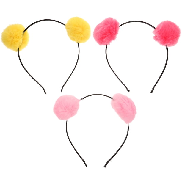 3 piezas de diadema de oreja de gato con bola de pompones borrosos, accesorio para la cabeza de aro para niños (rosa + amarillo + rojo sandía)