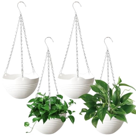 4 Pack 8 inch Plastic Self Watering Hanging PlantersRound Hanging Basket Planter with Drainer and Metal Chain White Garden Flower Plant Pot Container for Indoor Outdoor Plants