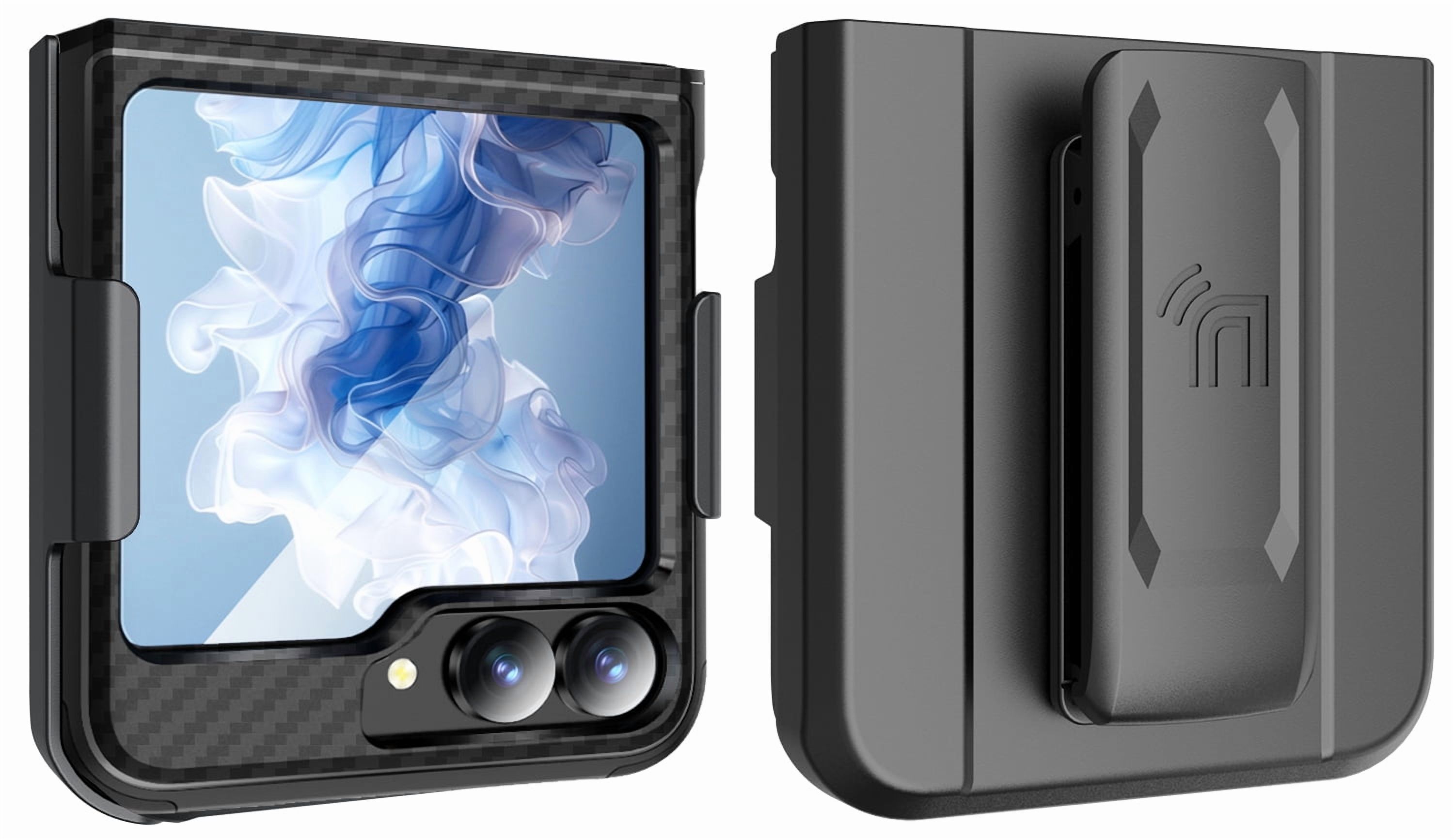 Rizz Case and Belt Clip Combo for Samsung Galaxy Z Flip 6 Phone, Nakedcellphone Rugged Hybrid Cover [with Hidden Hinge Panel Protection] and Holster Holder for Z Flip6  - Black Carbon Fiber Design