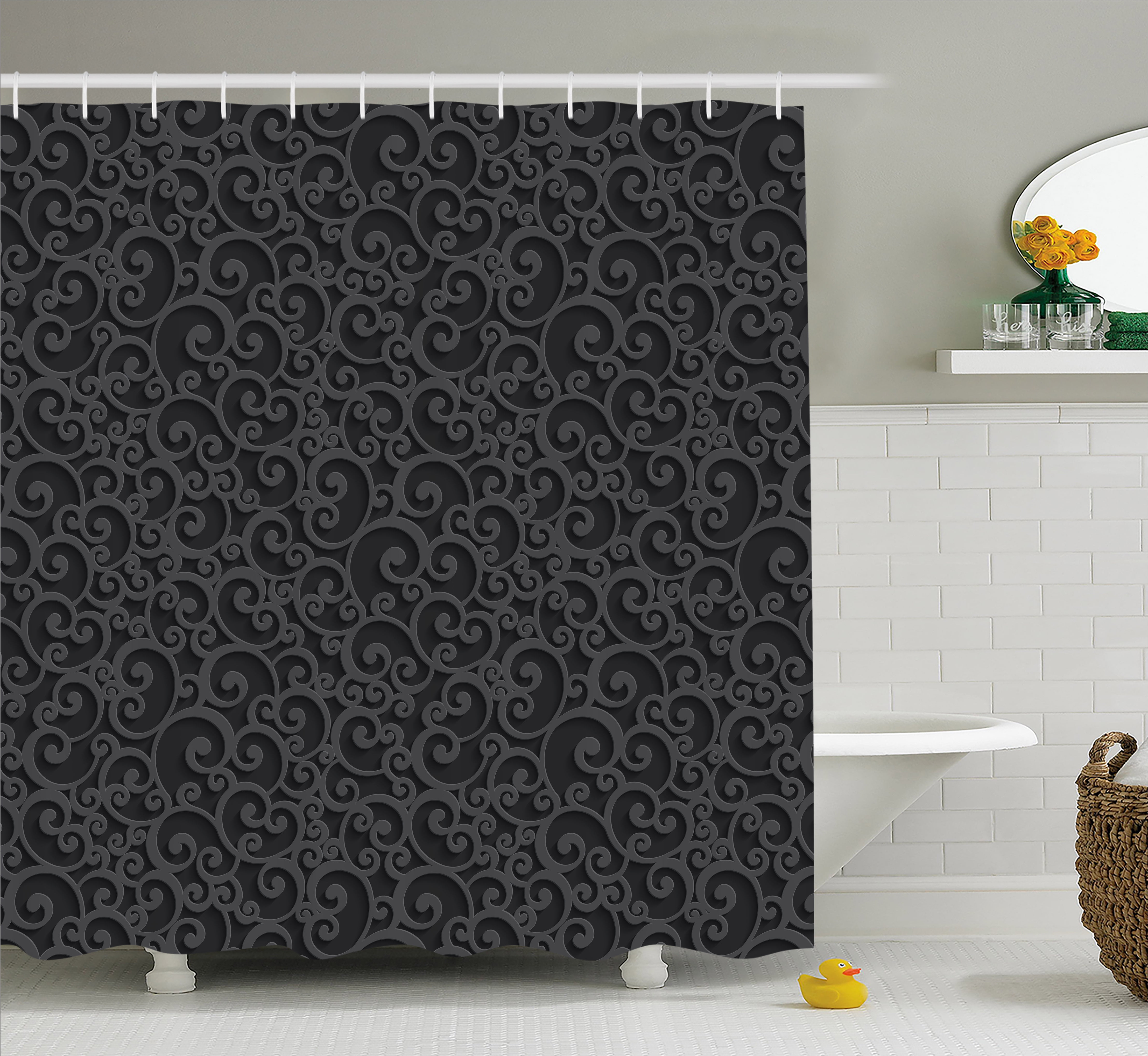 Dark Grey Shower Curtain, Abstract Victorian 3D Style Swirls Vintage