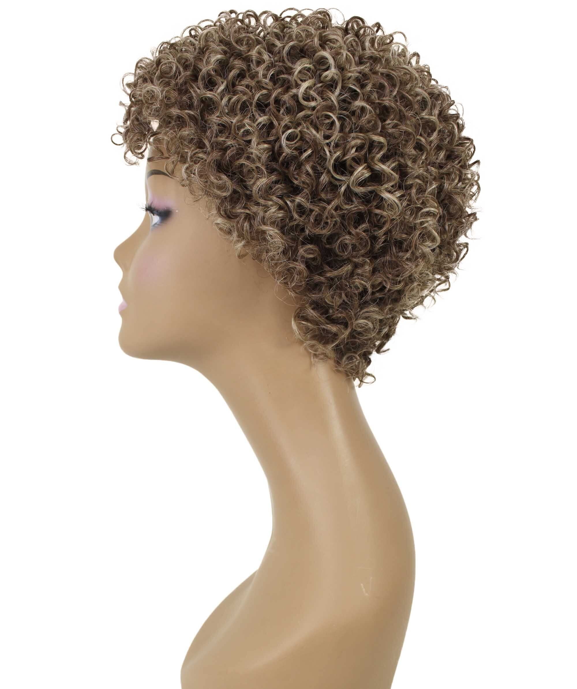 LUXLUXE Leila Curly Kinky 10 in Long Full Wig No Lace Wig, Heat Resistant Fibers, Brown and Blonde Highlights