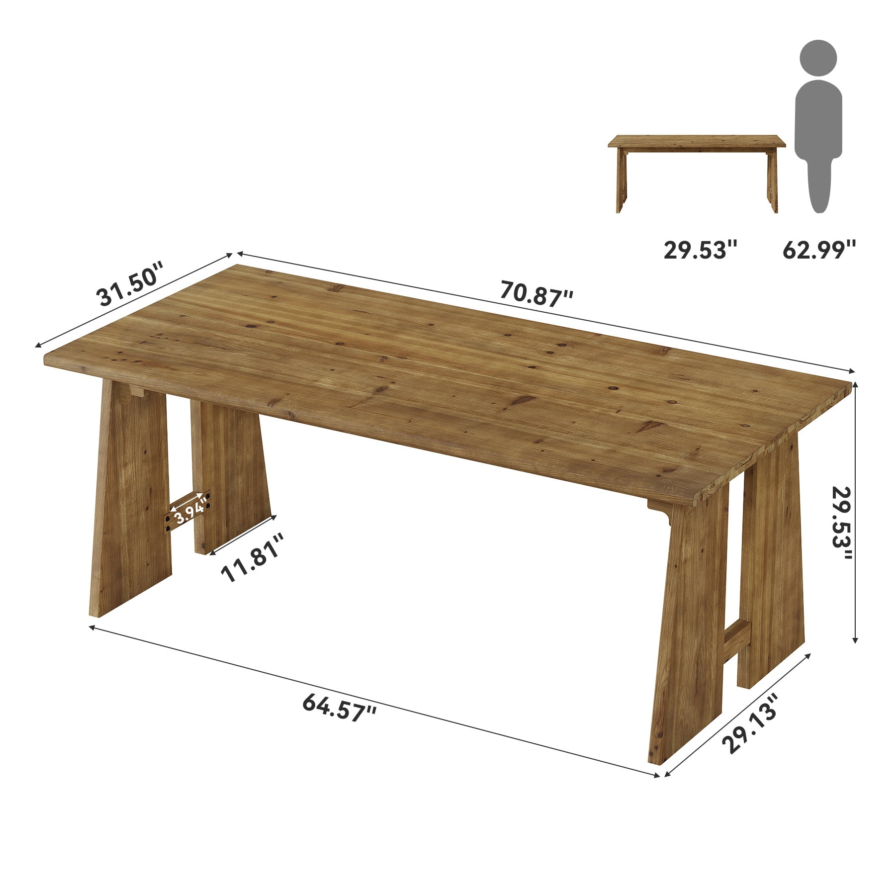 Finmind Farmhouse Solid Wood Executive Desk, 70.9-Inch Long Rectangular Computer Desk with Sturdy Wooden Legs for Home Office Meeting Room,Brown