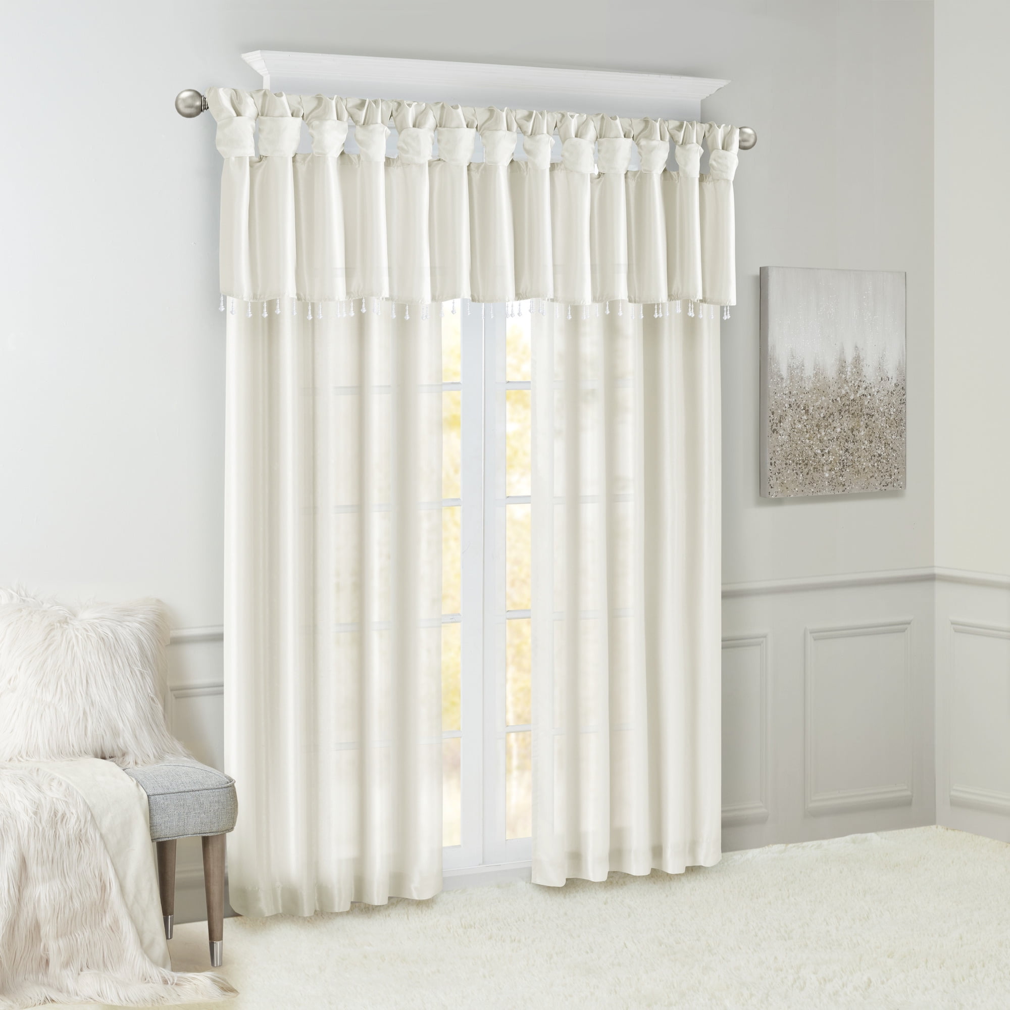 Lightweight Faux Silk Valance With Beads White 50x26"
