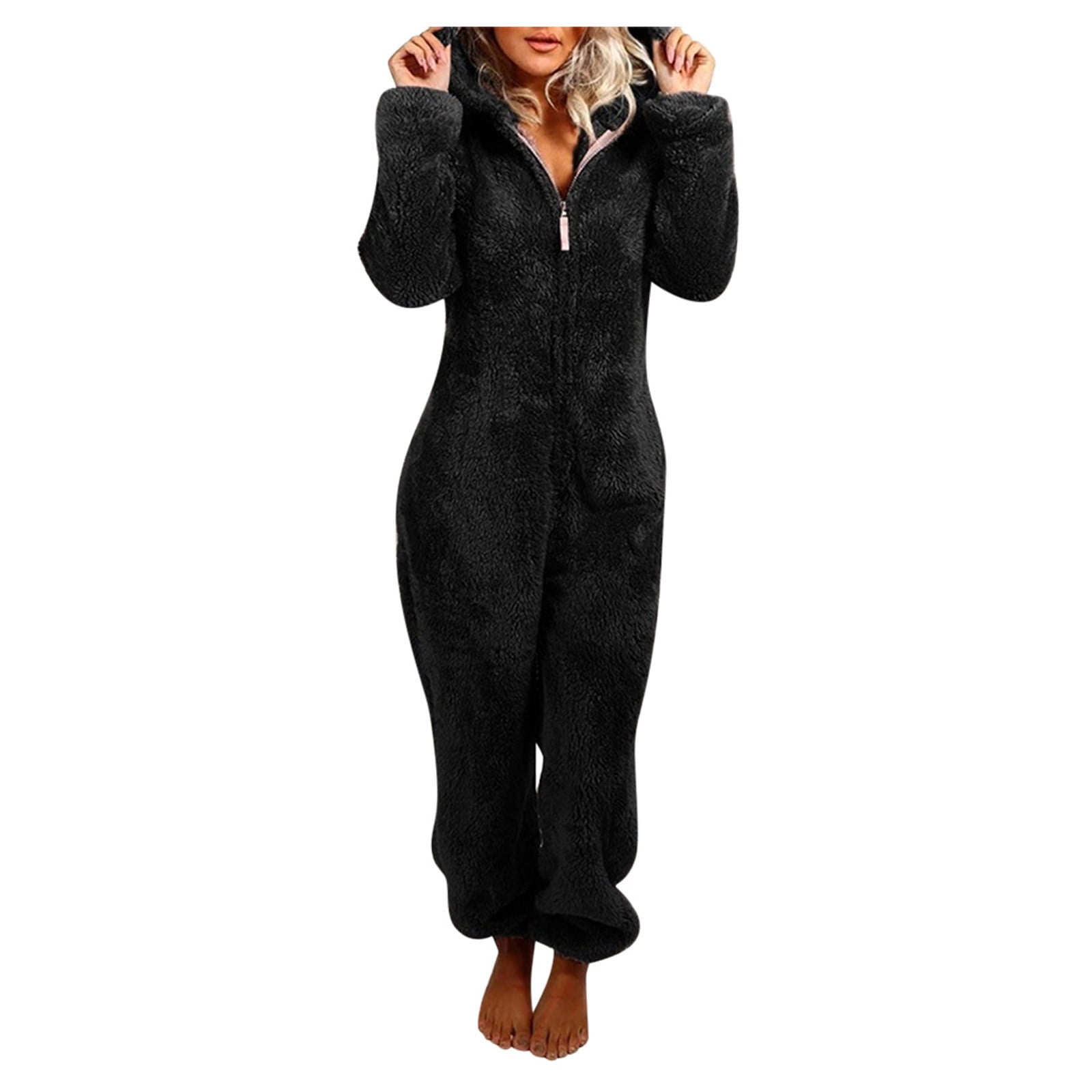Women's Pajamas Plush Hooded Jumpsuit Casual Winter Warm Long Sleeve Fleece Cute Bear Ear Cap Romper Sleepwear 
