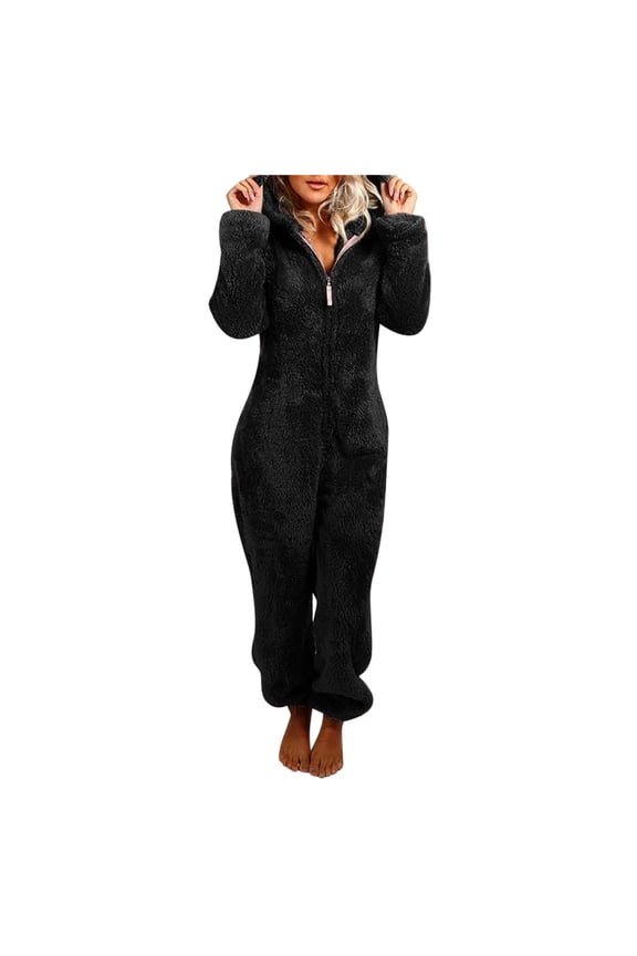 Women Plush Hooded Jumpsuit Sherpa Fuzzy Pajamas Long Sleeve Cute Winter Warm Flannel Full Zip Onesie Rompers S-5XL