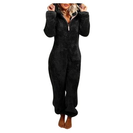 

YWDJ Jumpsuits for Women Casual Long Sleeve Women Long Sleeve Hooded Jumpsuit Pajamas Casual Winter Warm Rompe Sleepwear Black L