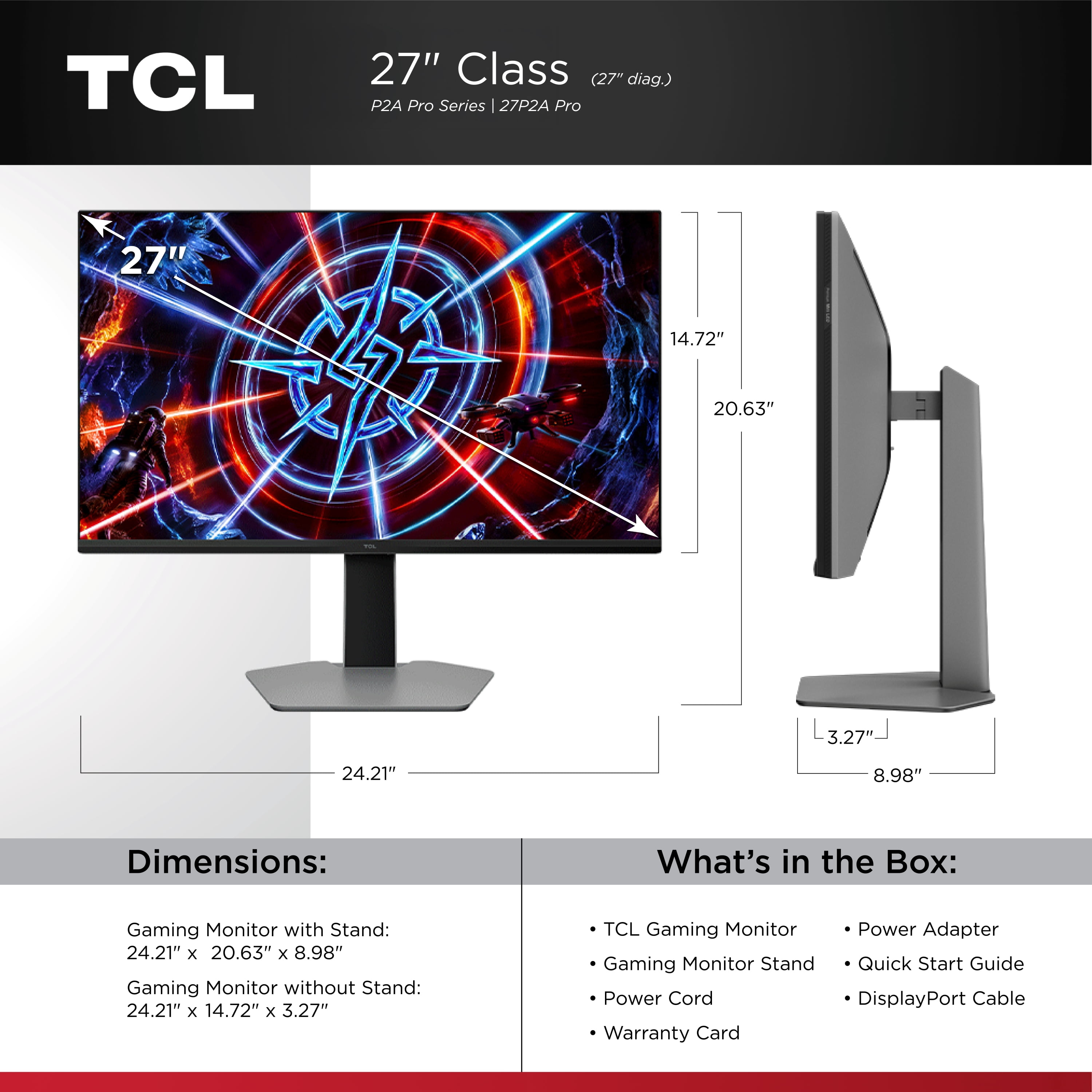 TCL 27” P2A PRO Series QHD HDR Mini-LED Gaming Monitor (NEW 2026) - Halo Control System, 320Hz Refresh Rate, LD180 Precise Dimming Series, HDR600 Brightness, 1ms GTG, AMD FreeSync Premium - 27P2A Pro