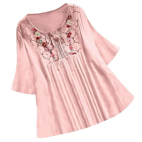 Uaswgudfs 3/4 Length Sleeve Womens Tops Embroidered Flower Shirt Tops Vintage Lace Patchwork Bow V-Neck Dressy T-Shirt, M