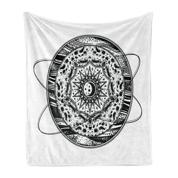 Galaxy Mandala Soft Flannel Fleece Throw Blanket, Orbital Hoops Inspired Design Interpenetrated Sun and Moon Day Night, Cozy Plush for Indoor and Outdoor Use, 50" x 60", Black and White, by Ambesonne