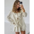 thumbnail image 6 of Women 2 Piece Outfits V Neck Ruffle Tie Front Blouse Tops Lounge Sets Beige L, 6 of 9