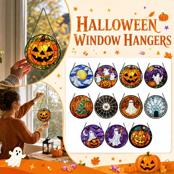 Stained Glass Window Hanging Halloween Pumpkin Decor 6 Inch Round Acrylic Sun Catchers for Windows, Creepy Halloween Decorations for Halloween House Decor Indoor Window, Halloween