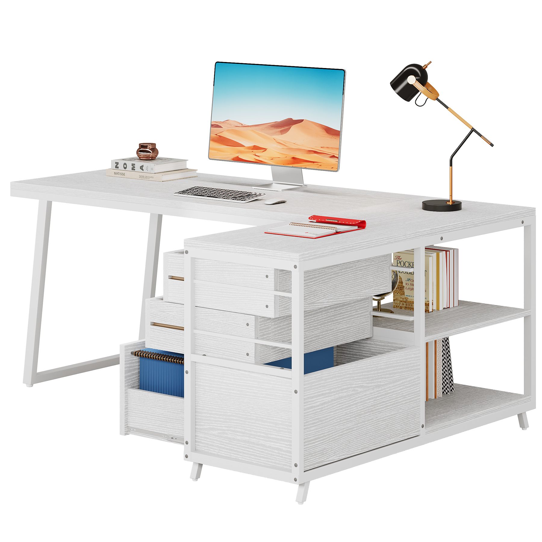 Fnova 53.15" L-shaped Computer Desk with 3 Drawers, Wood Tabletop, Metal Frame Office Desk, White