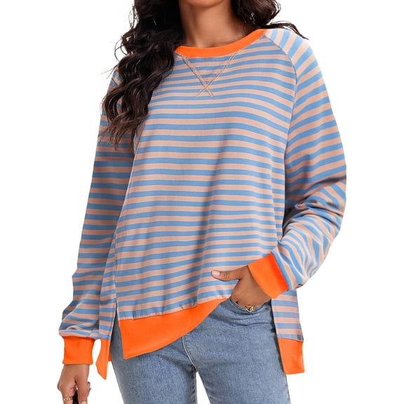 ATHLECHIC Women's Striped Sweatshirt Loose Fit Long Sleeve Crewneck Pullover Top S Pink Blue
