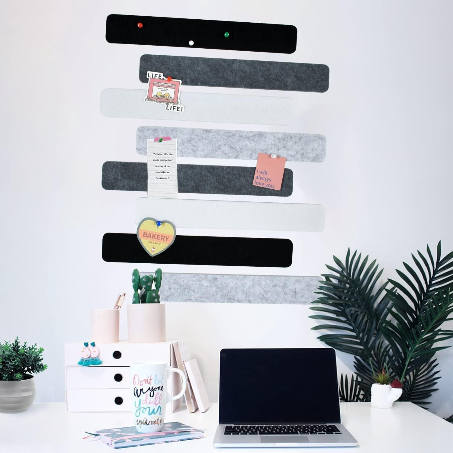 8 pcs Bulletin Board Bar Strips with 50 Pushpins & 10 Wooden Clip pins，Self Adhesive Cork for Wall，Felt Pin School，Office Decor（Black White Grey）