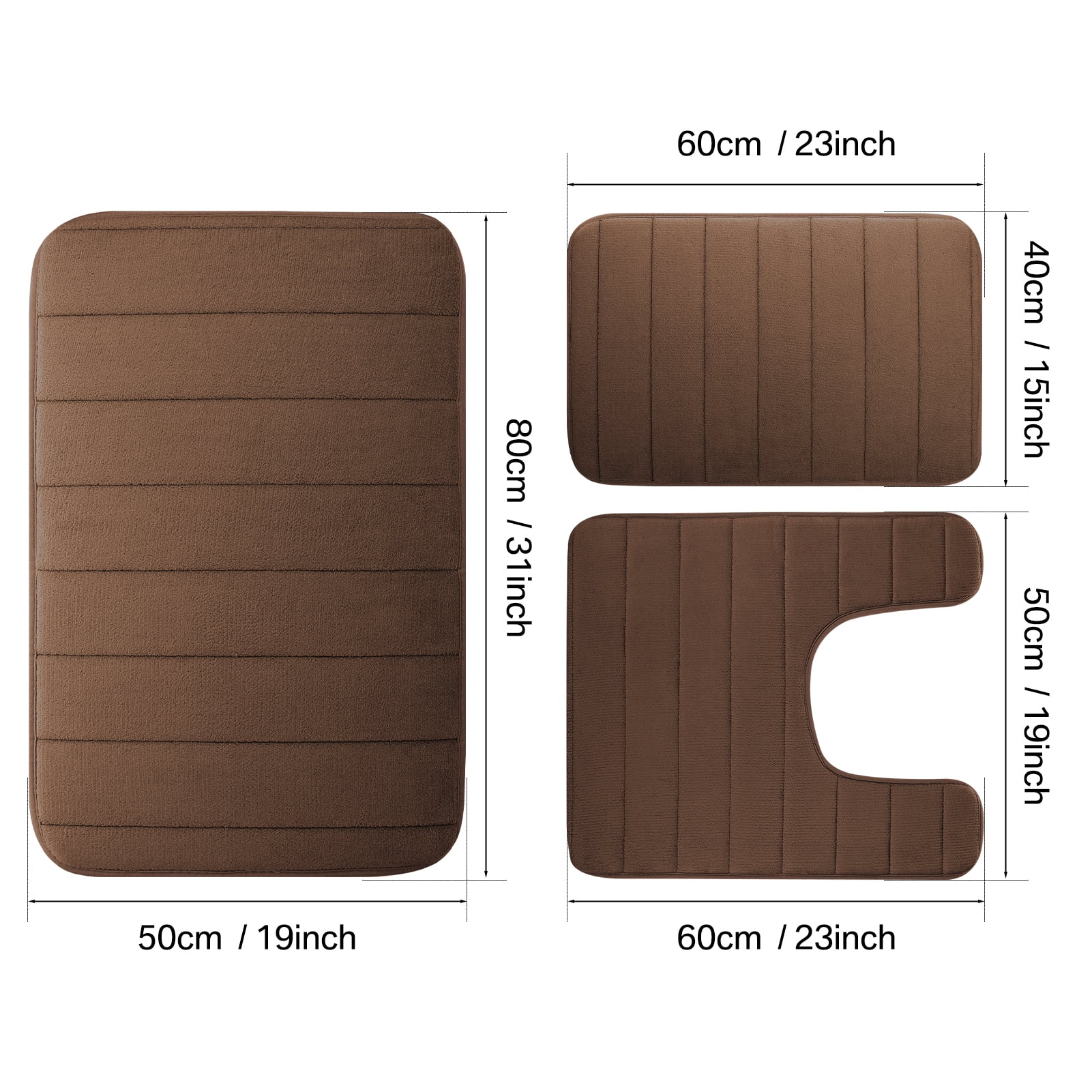 3 Piece Memory Foam Bath Mat Set with U-Shaped Toilet Mat Bathroom Rugs Soft Comfortable Water Absorption Bath Carpet Non-Slip Thick Machine Washable for Kitchen/Living Room(Coffee)