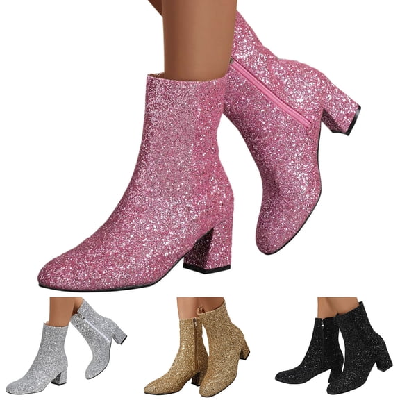 Modisza Women's Fashion Ankle Boots Glitter Sparkly Mid Calf Booties Ladies Outdoor Comfortable Low Heel Party Dressy Boot