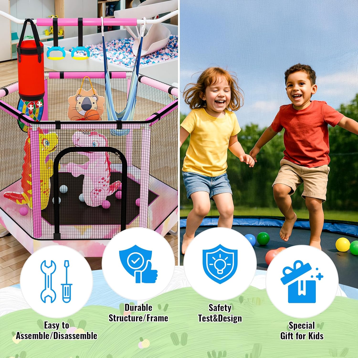 Baxluxe Toddler Trampoline for Kids Ages 3-8, 55in 7-in-1 Upgraded Indoor Trampoline with Net ,500lbs Capacity Safe Trampoline,Inside Pink Mini Trampoline Boys Girls Outdoor Adjustable Height
