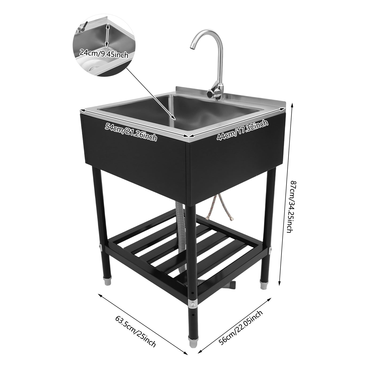 Freestanding Stainless Steel Utility Sink with Faucet & Storage Shelf, 25 x 22 x 34 Inch Single Basin Laundry Sink for Kitchen, Garage, Basement, 220LB Capacity