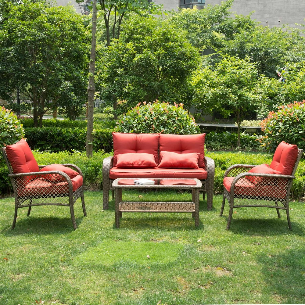 4 PCs All Weather Outdoor Chairs with Cushions PE Rattan Patio
