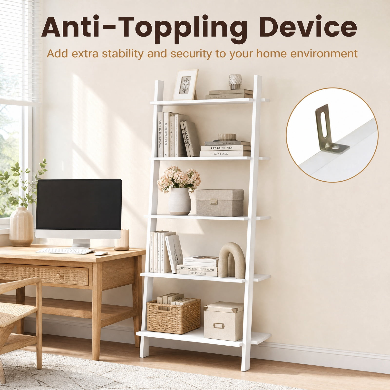 Furnibear 5-Tier Modern Bookshelf Narrow Vertical Display Shelf for Small Space for Living Room Home Office Bedroom Display Storage Shelf, White