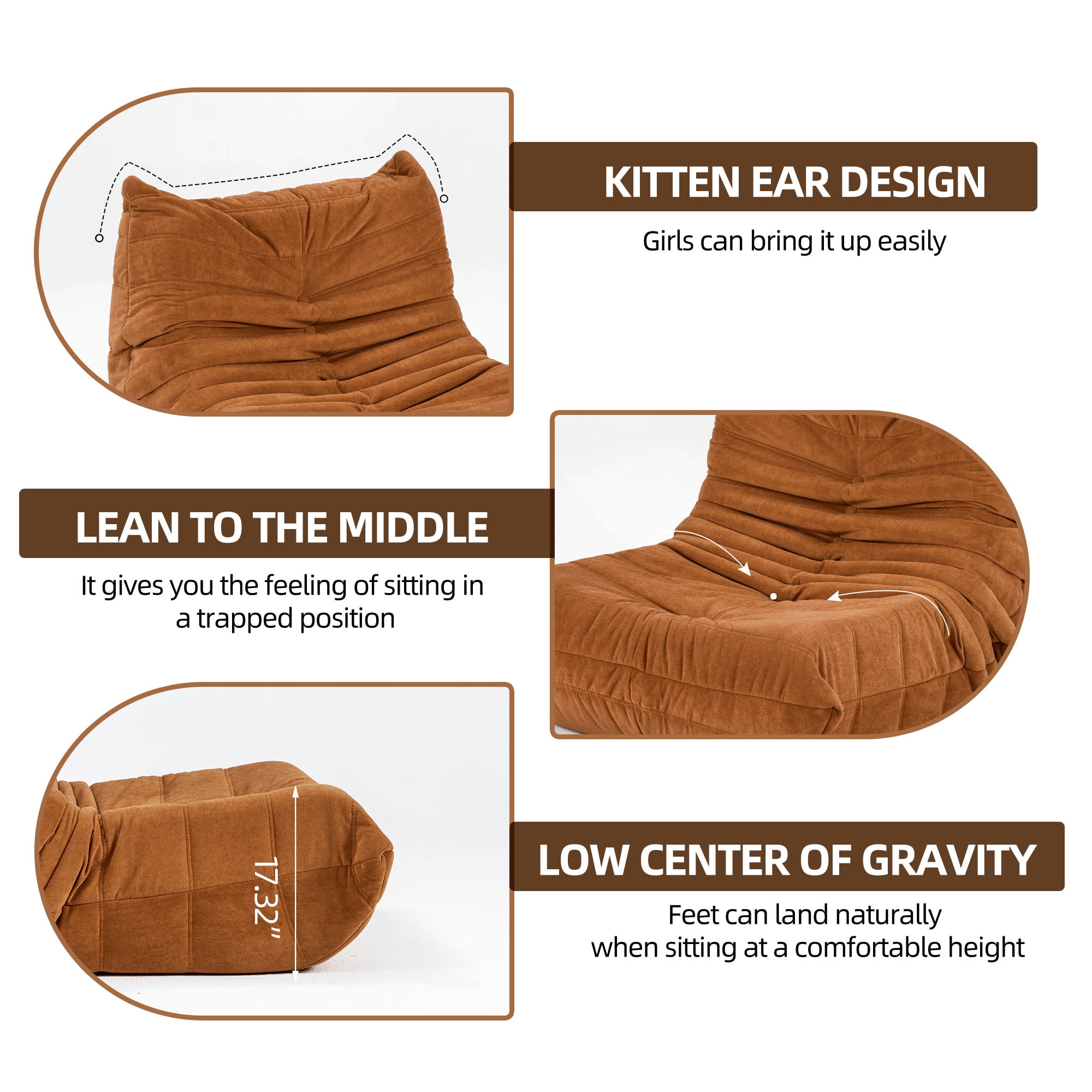 Aukfa Bean Bag Chair, Lazy Floor Sofa Lounger, Sponge Sofa Chairs for Adults, Fireside Chair for Living Room Bedroom, Caramel