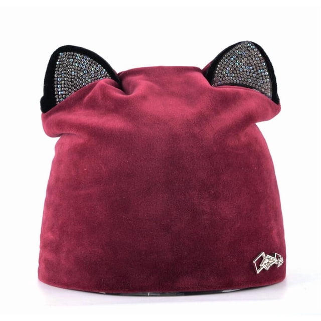 Bonnets d'Automne Hiver pour Femmes Chapeau Chat Dames Bonnet Chaud en Velours avec Strass Clignotants Rabats d'Oreilles Filles Mignon Bonnet Touca Rouge