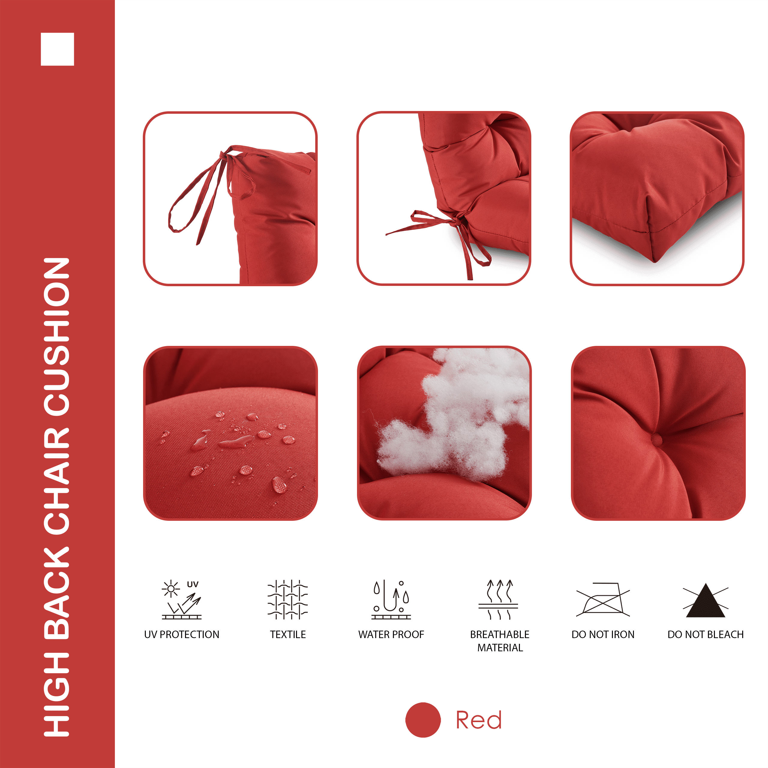 YOOZEKU Outdoor Indoor High Back Chair Cushions Set of 4,Waterproof All-Weather Patio Adirondack Rocking Seat Back Chair Cushions for Outdoor Furniture with Ties,45x22 Inch, Red