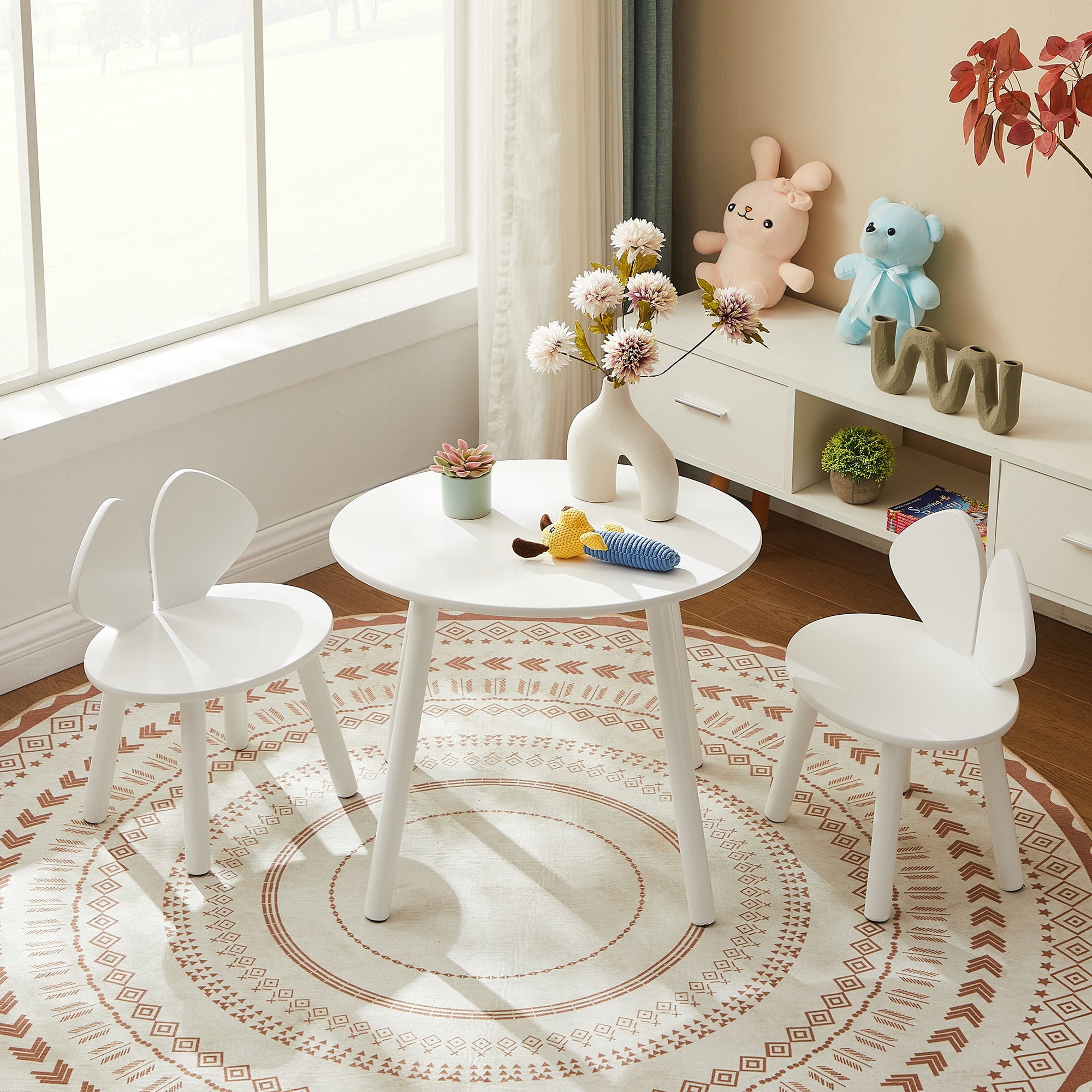 VECELO Kids Table and 2 Chairs Set, Toddler Wooden Activity Table and Chair Set for Ages 3-8, 23.6" L x 23.6" W Children Craft and Play Table Drawing Reading, White