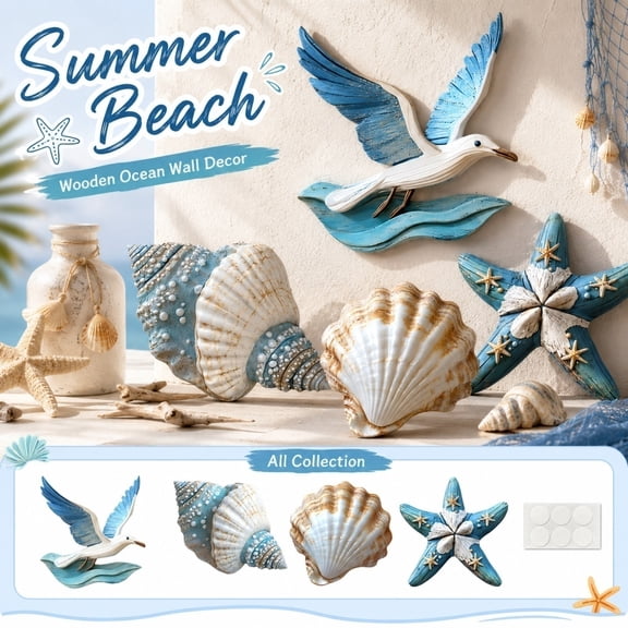 Wall Art Decor, Coastal Decor for Home, Beach Themed Room Decor, Nautical Decor, 4 Pieces Handcrafted Ocean Seashell Wooden Hanging Wall Decor, Suitable As Bathroom Decor Wall