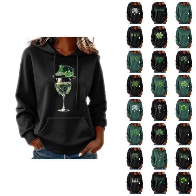 Chandails à Capuchon pour Femmes de la Saint-Patrick 2026 à Manches Longues avec Graphique de Trèfle et Poches
