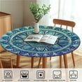 thumbnail image 6 of Round Table Cover for Round Tables 36"-70", Fitted Tablecloth with Elastic for Indoor Outdoor Party Holiday, 52inch, Mandala in Blue and Green, 6 of 6