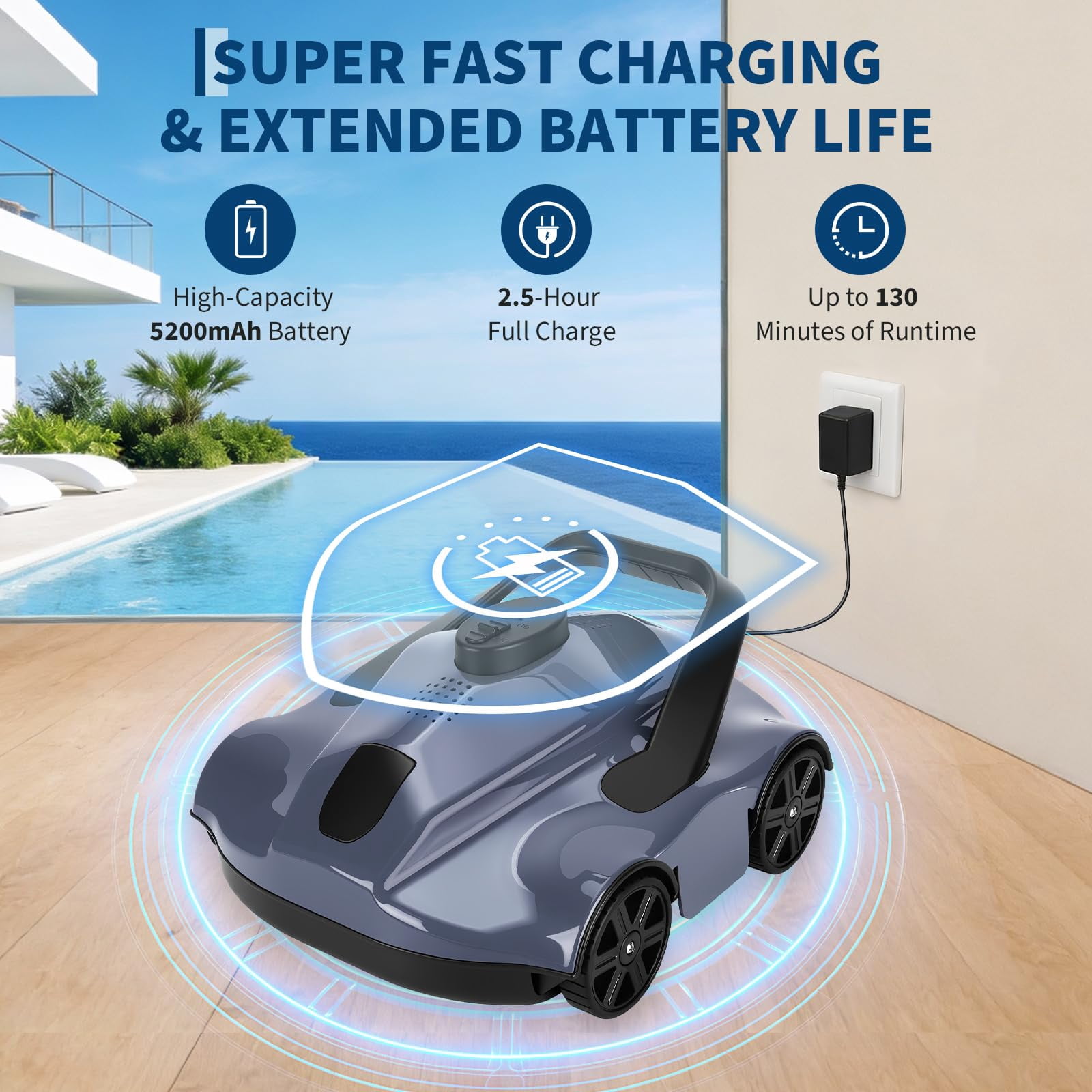 PYY Robotic Pool Cleaners Cordless Robotic Pool Cleaner for Above Ground Pools - 130 Min Runtime, Self-Charging, Cleans Up to 860 Sq Ft, Lightweight & Portable Design, Gray
