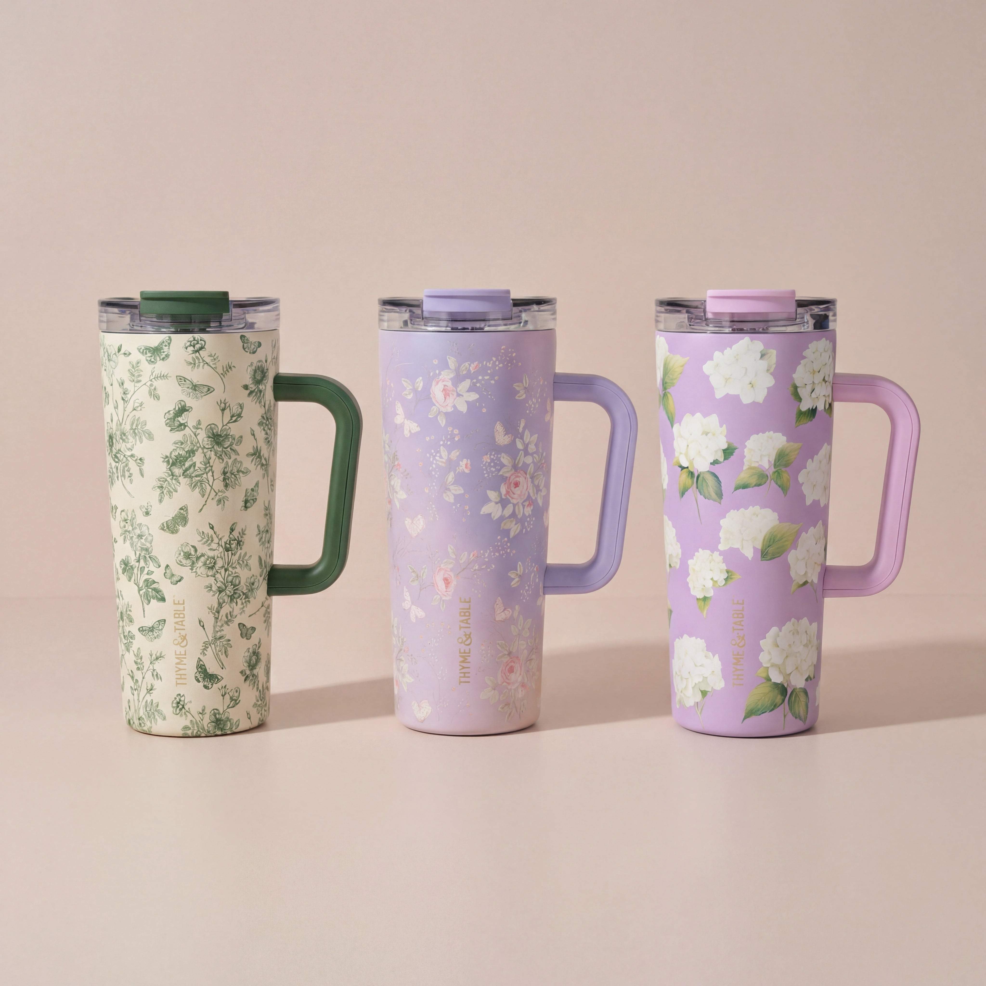 Thyme & Table 24oz Stainless Steel Luna Tumbler with Handle and Dual Straw Lid, Hydrangeas