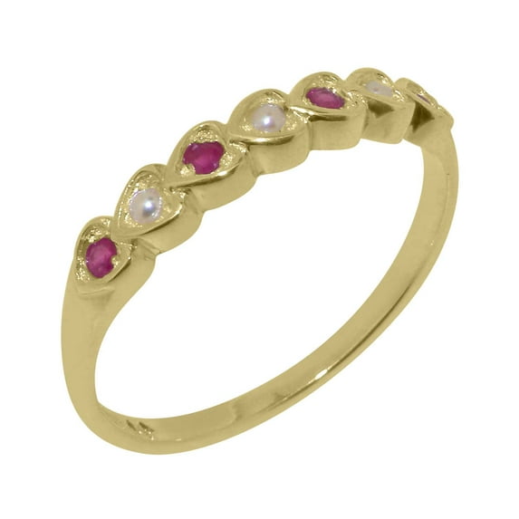 LBG British Made Traditional Solid 10k Yellow Gold Ring with Cultured Pearl & Ruby Womens Eternity Ring - 33 size options - Size 4.25