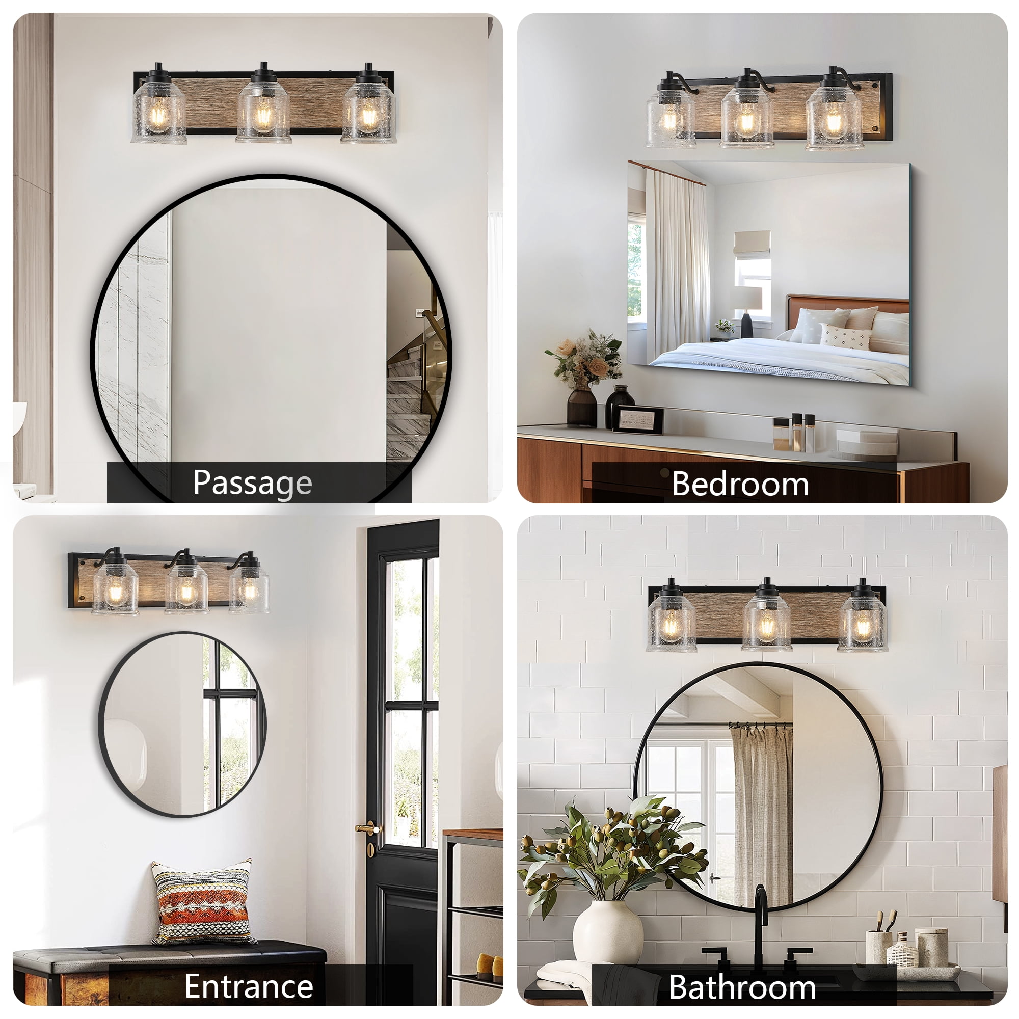 3-Light Bathroom Vanity Light Rustic Black Finish with Wood Backplate, E26, No Bulbs