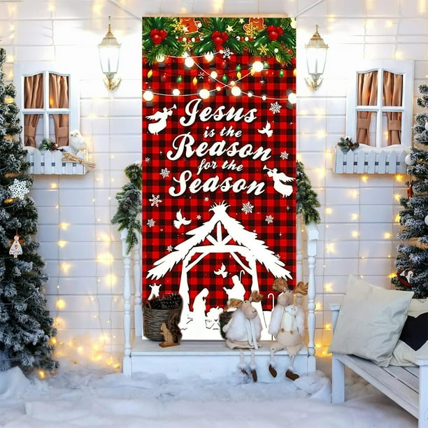 Decoraciones navideñas, Cubrepuertas navideño, Fondo navideño ideal para fiestas de Año Nuevo y decoración invernal. Medidas: 78,7 x 35,4 pulgadas. Cubrepuertas de poliéster.
