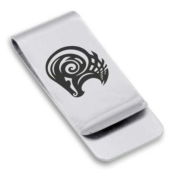 Stainless Steel Tribal Aries Zodiac (Ram) Classic Slim Money Clip Credit Card Holder