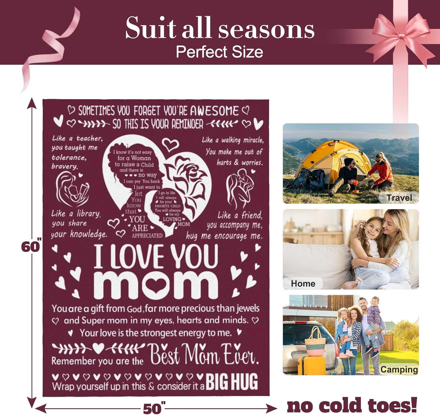 I Love You Mom Blanket for Mom, Valentines Gifts for Mom from Daughter Son, Birthday Gifts for Women Who Has Everything, Blanket Gift for Her, I Love You Mom Throw Blanket