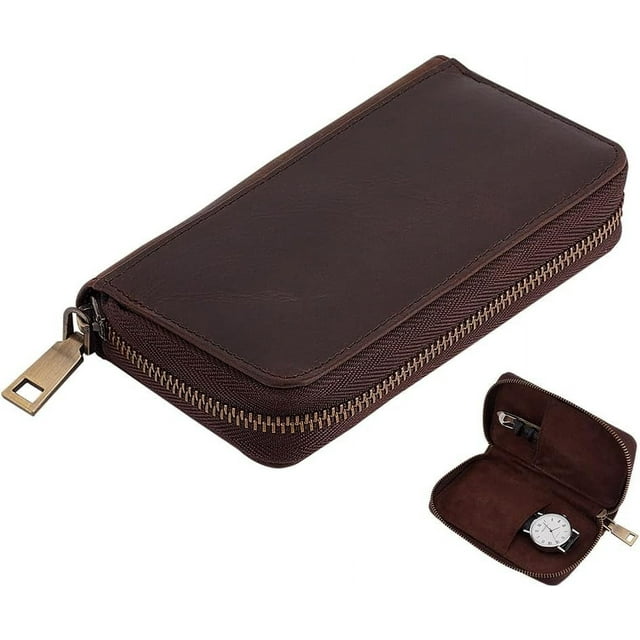 Estuche de viaje portátil para relojes, de piel sintética, para guardar 2 relojes de pulsera, con cremallera, color negro