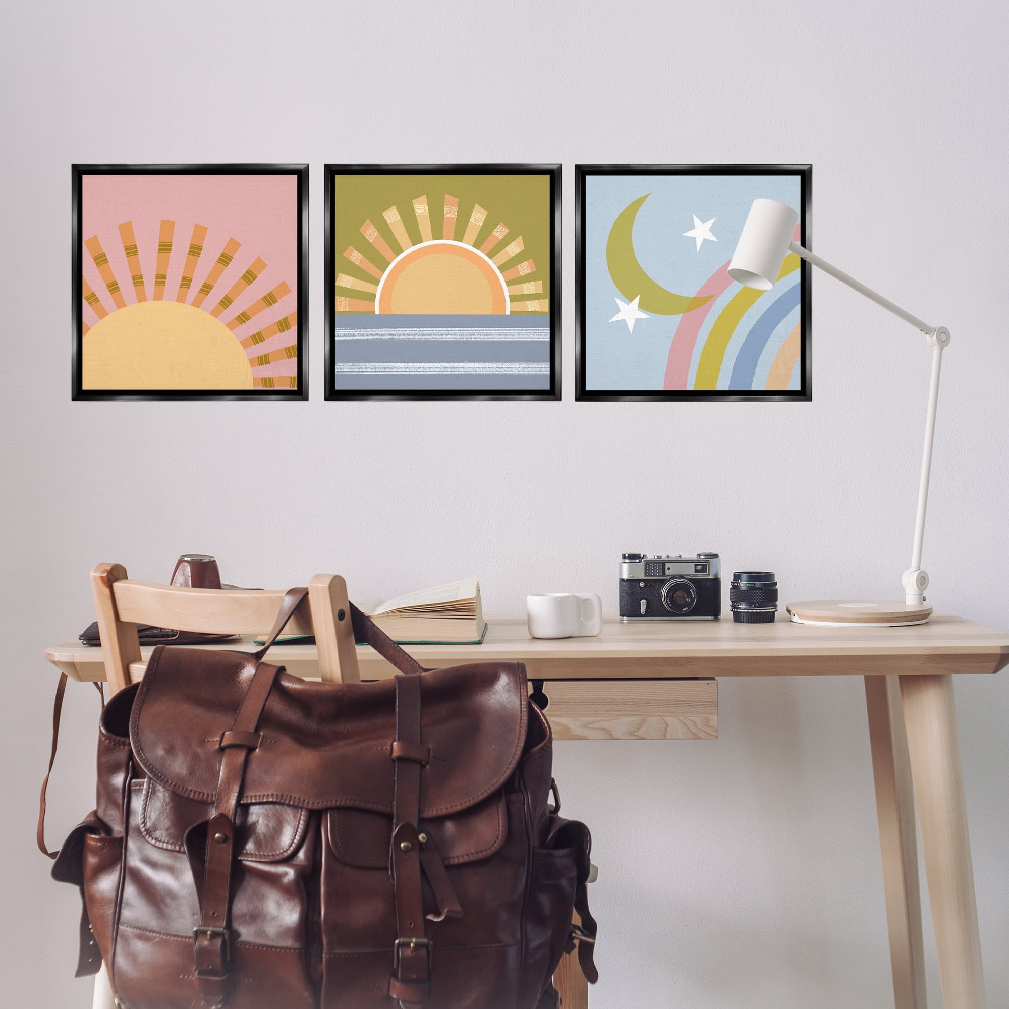 Stupell Industries Rising Sun & Moon Landscape & Nature Painting Black Floater Framed Canvas Art Print Wall Art, 18 x 18, Set of 3