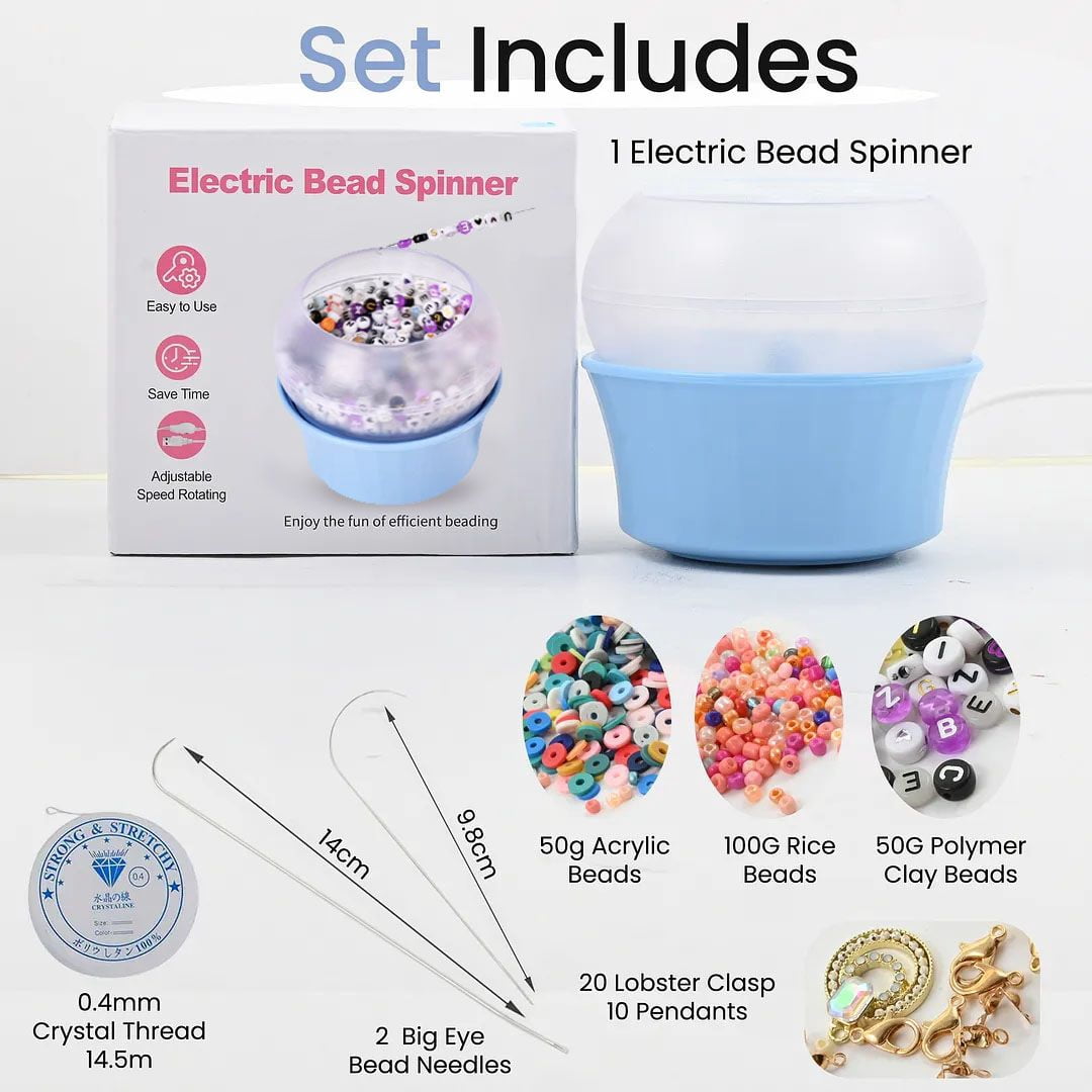 Clay Bead Spinner for Jewelry Making Necklace Bracelet Maker Machine - Electric Bead Spinner Kit with 2 Big Eye Needles & Accessories Friendship Cute Unique Waist Beads Christmas Gifts - Blue