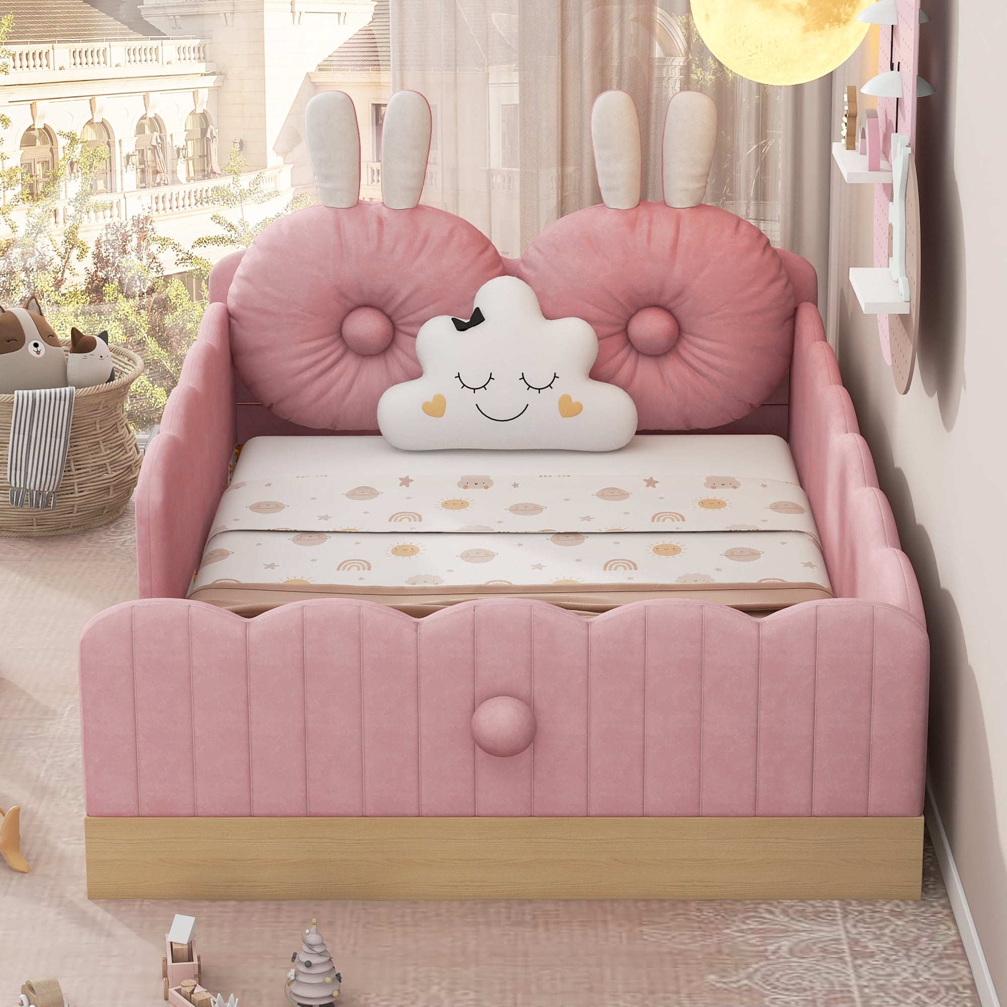 Euroco Upholstered Twin Size Platform Bed, Cartoon Floor Bed with Pillows and Storage Bags, Pink