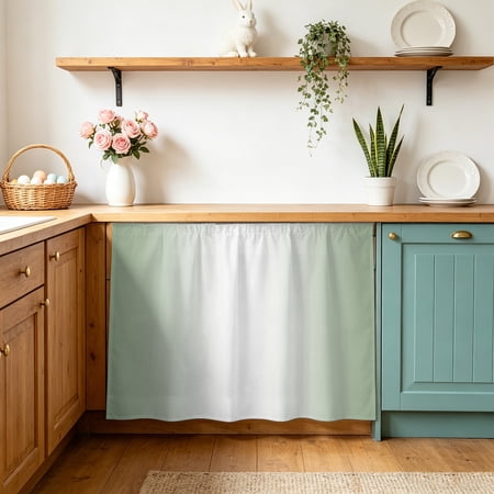 Cabinet Curtains 28 W x 35 L Sage Green Ombre Sink Skirt for Bathroom Kitchen Self Adhesive Sage Green White Gradient Modern Desk Privacy Short Curtain for Vanity Laundry Room Shelf