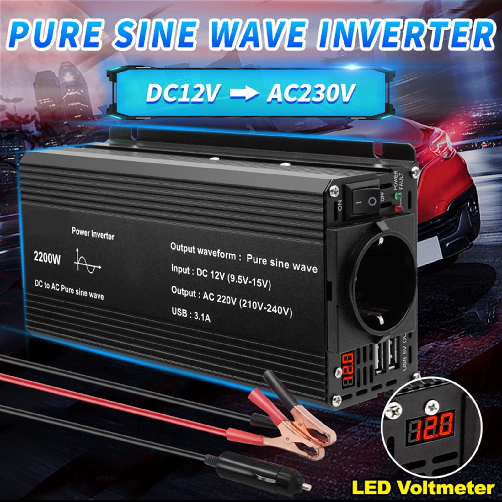 Pure Sine Wave Inverter 1500W/2200W/2600W Converter 12V To 220 230 12 Volts Solar Transformer Led Voltmeter Inversor ,Powerful Output