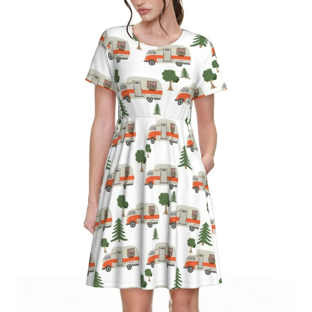 Saiise Robe d'Été à Motif de Fourgonnette de Camp pour Femmes, T-Shirt Décontracté à Manches Courtes, Robe Soleil Fleurie, Couvre-Maillot de Plage avec Poches