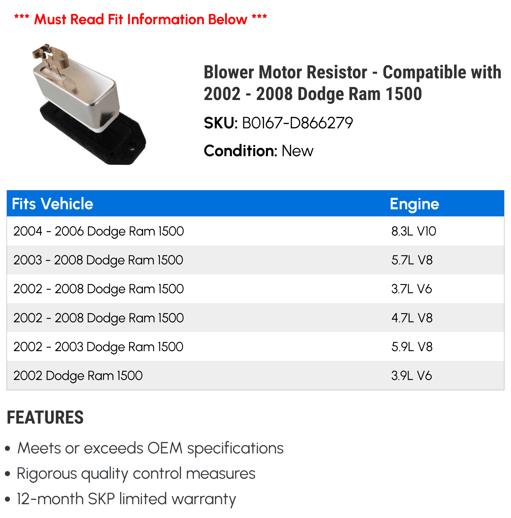 Blower Motor Resistor - Compatible with 2002 - 2008 Dodge Ram 1500 2003 2004 2005 2006 2007