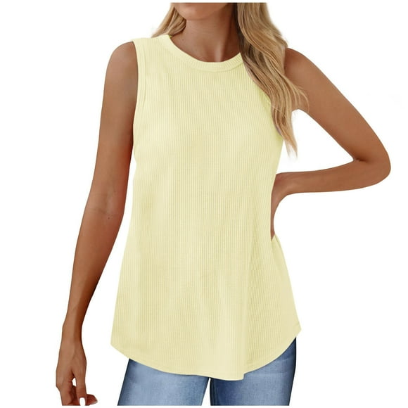 Débardeur de Mode pour Femmes en Tricot Gaufré Sans Manches Col Rond Décontracté Couleur Unie Coupe Ample Tunique Blouses (Moyen, Beige)