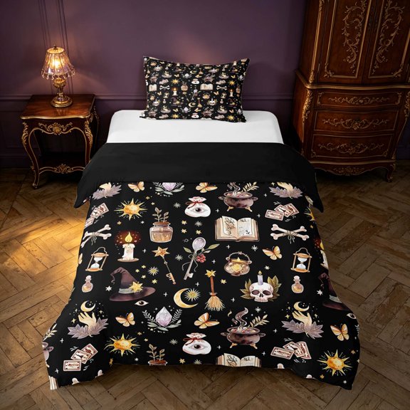 Homewish Halloween Witch Twin Duvet Cover for Kids Girls, Magic Book Twin Bedding, Black, Black Reversible 2-Piece, 1 Duvet Cover and 1 Pillowcase