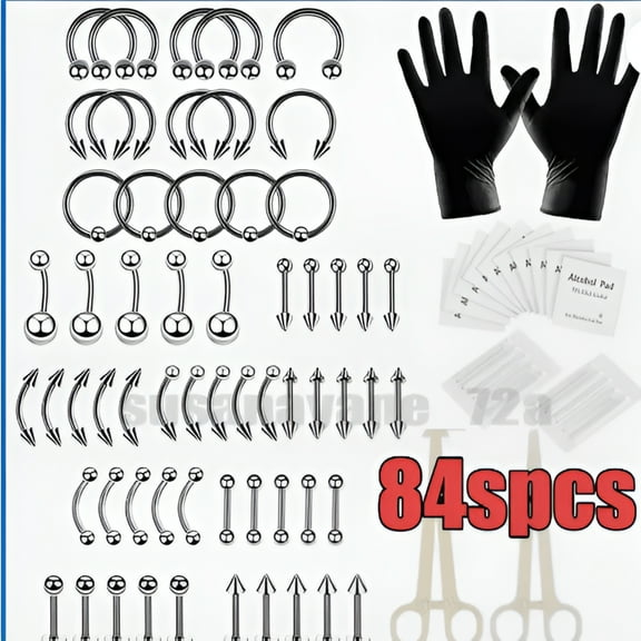 ACDANC 84PCS Piercing Jewelry Kit Pro Piercing Kit 316L Stainless Steel Body Septum Piercing Kit 16G Belly Ring Tongue Tragus Nipple Nose Eyebrow Piercing Tools