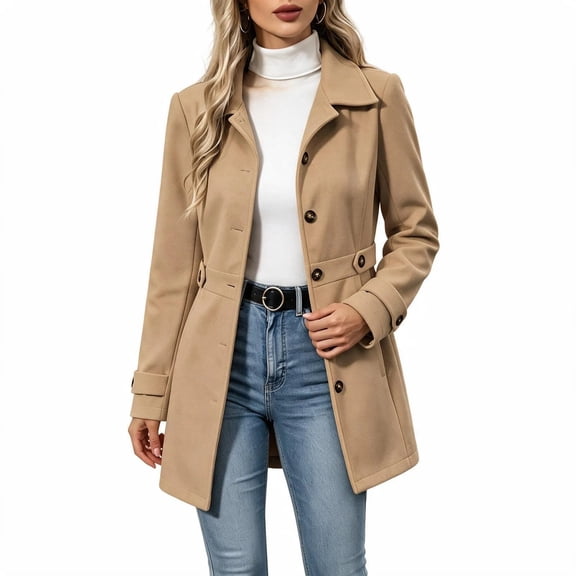 Edvintorg Womens Trench Coat Solid Color Long Sleeve Loose Long Jacket Turndown Collar Casual Button Down Outerwear with Pocket Woman Clothes Khaki S-2XL